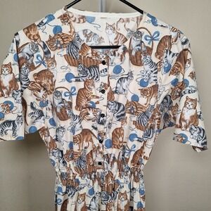 Vintage Handmade Cat Kitten Cinched Waist Novelty Print 80s Style Jumpsuit